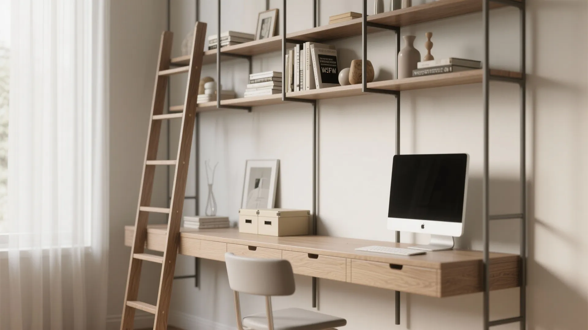 3. Slim Ladder-Style Desk with Built-In Shelves