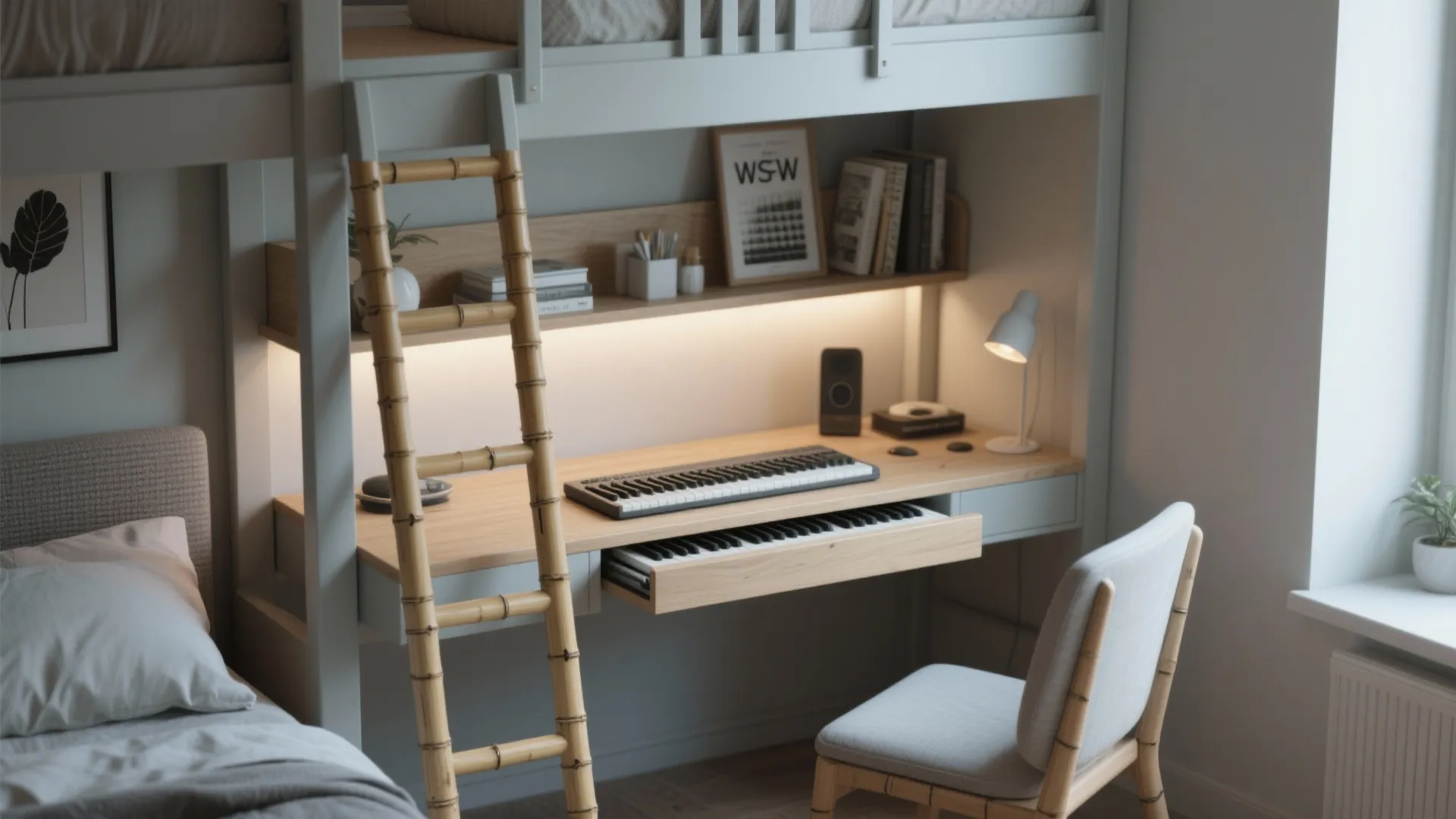 Bunk bed with integrated desk featuring a pull out music keyboard and wooden bamboo ladder