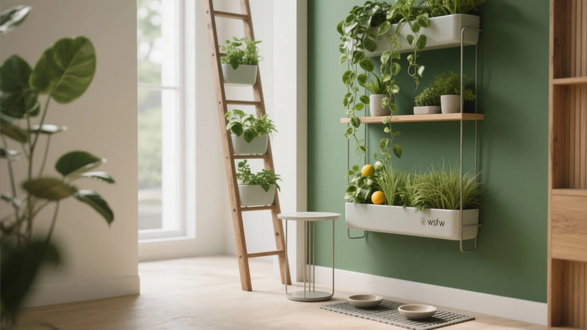 Vertical Garden + Ladder Shelf With Side Tables