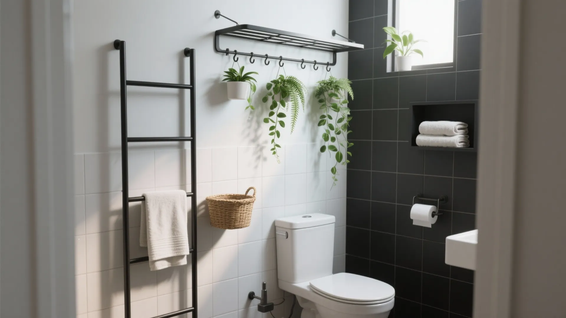 Slim ladder rack and wall grid with light planters and vines above a toilet.