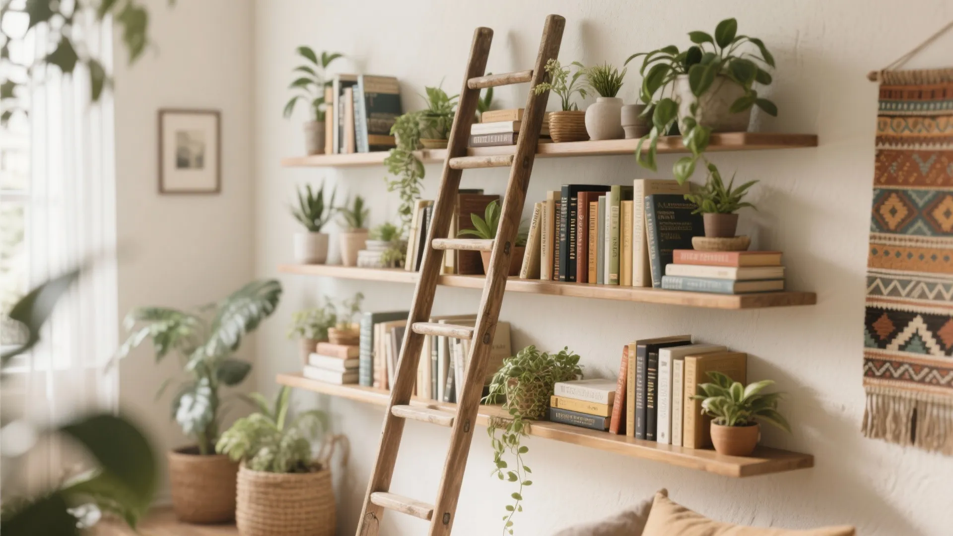 Ladder leaning shelf with books and plants in a cozy living room