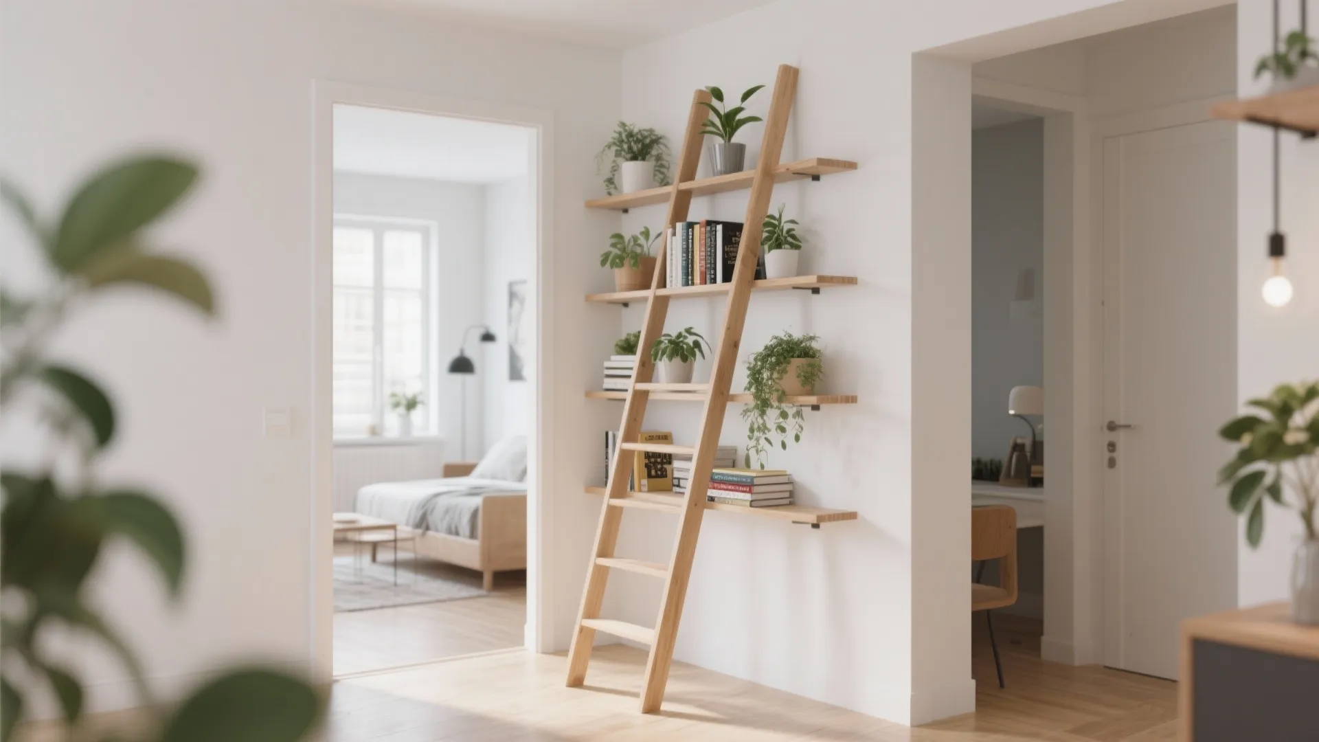 3. Ladder-Style Leaning Shelves