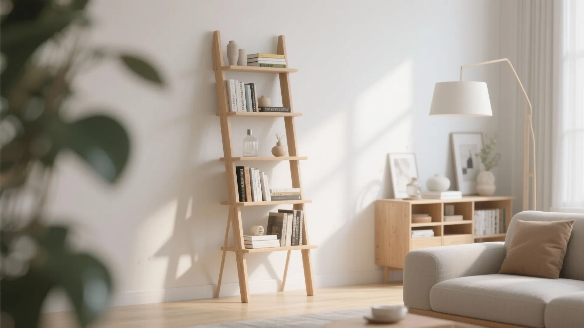 Ladder-style leaning shelves in bright modern living room