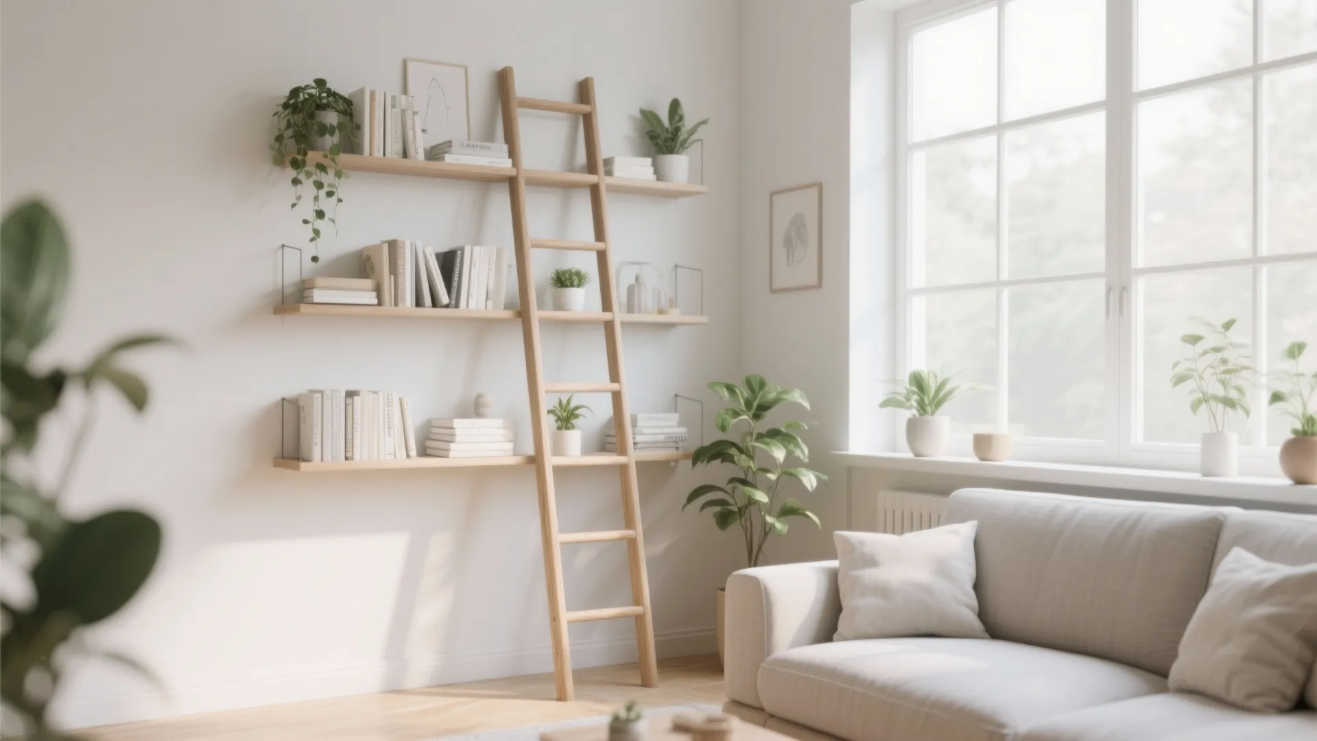 Bright living room featuring wooden ladder leaning against wall shelves with green plants and books