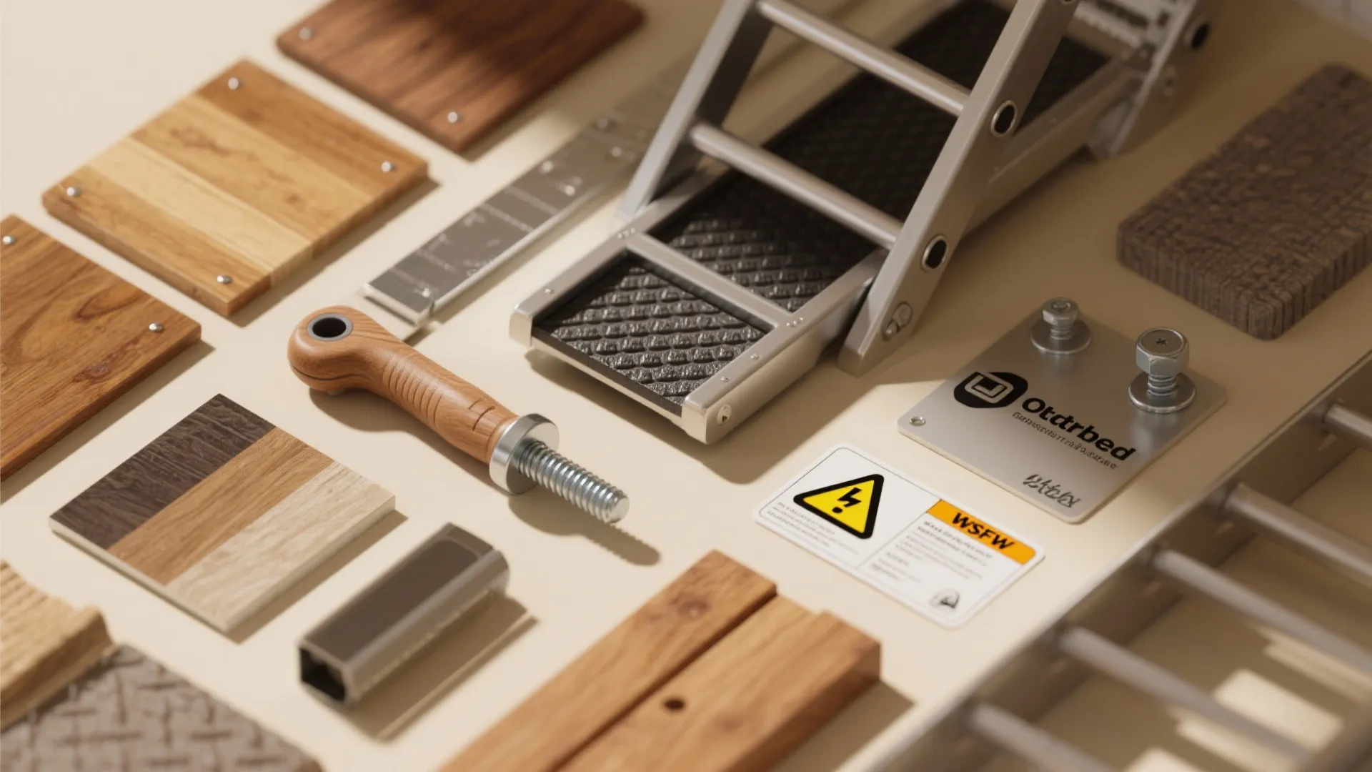 Collection of wood floor samples and metal ladder parts displayed on a light colored surface