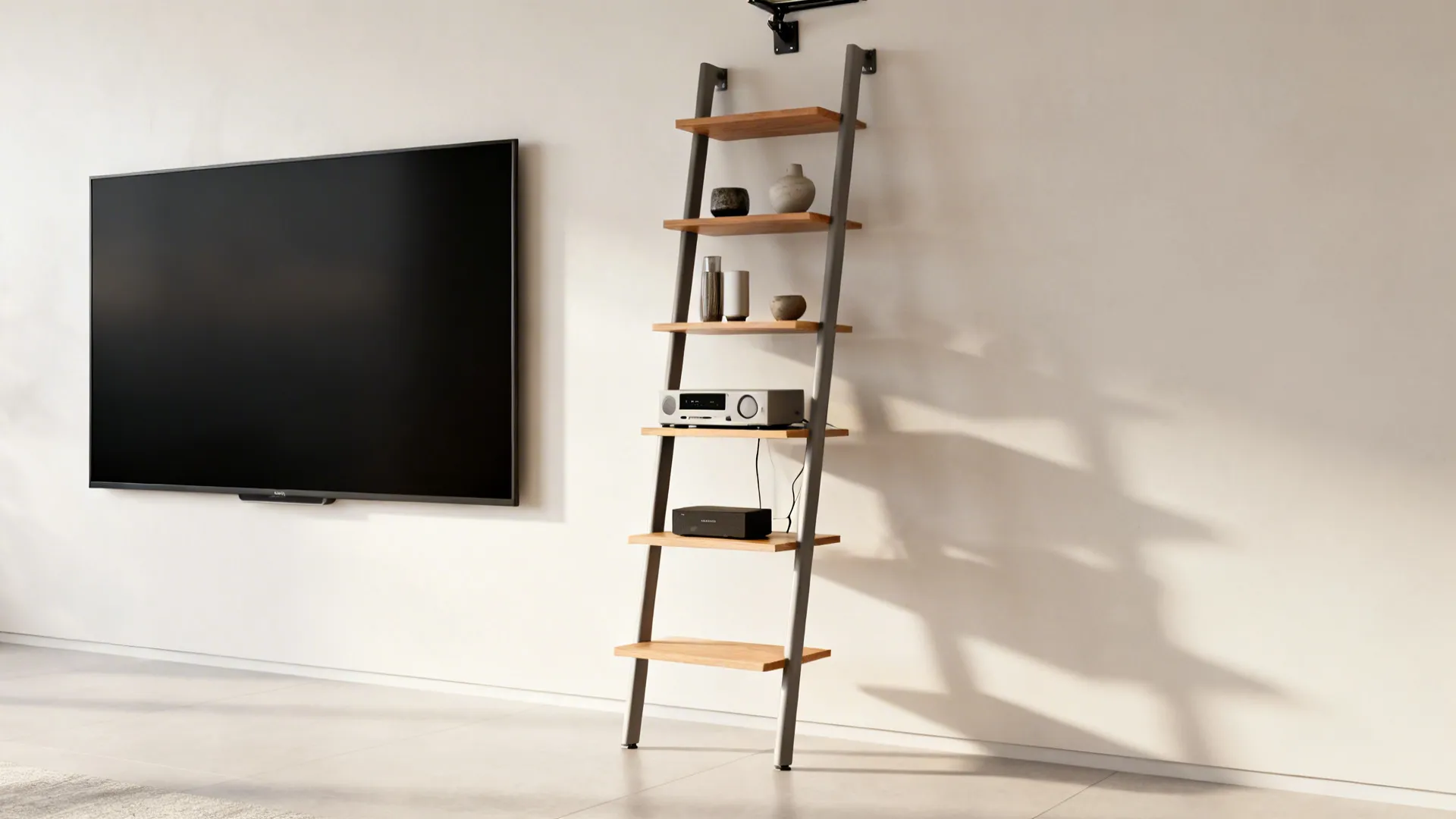 Modern living room with wall mounted television and leaning wooden ladder shelf holding media devices