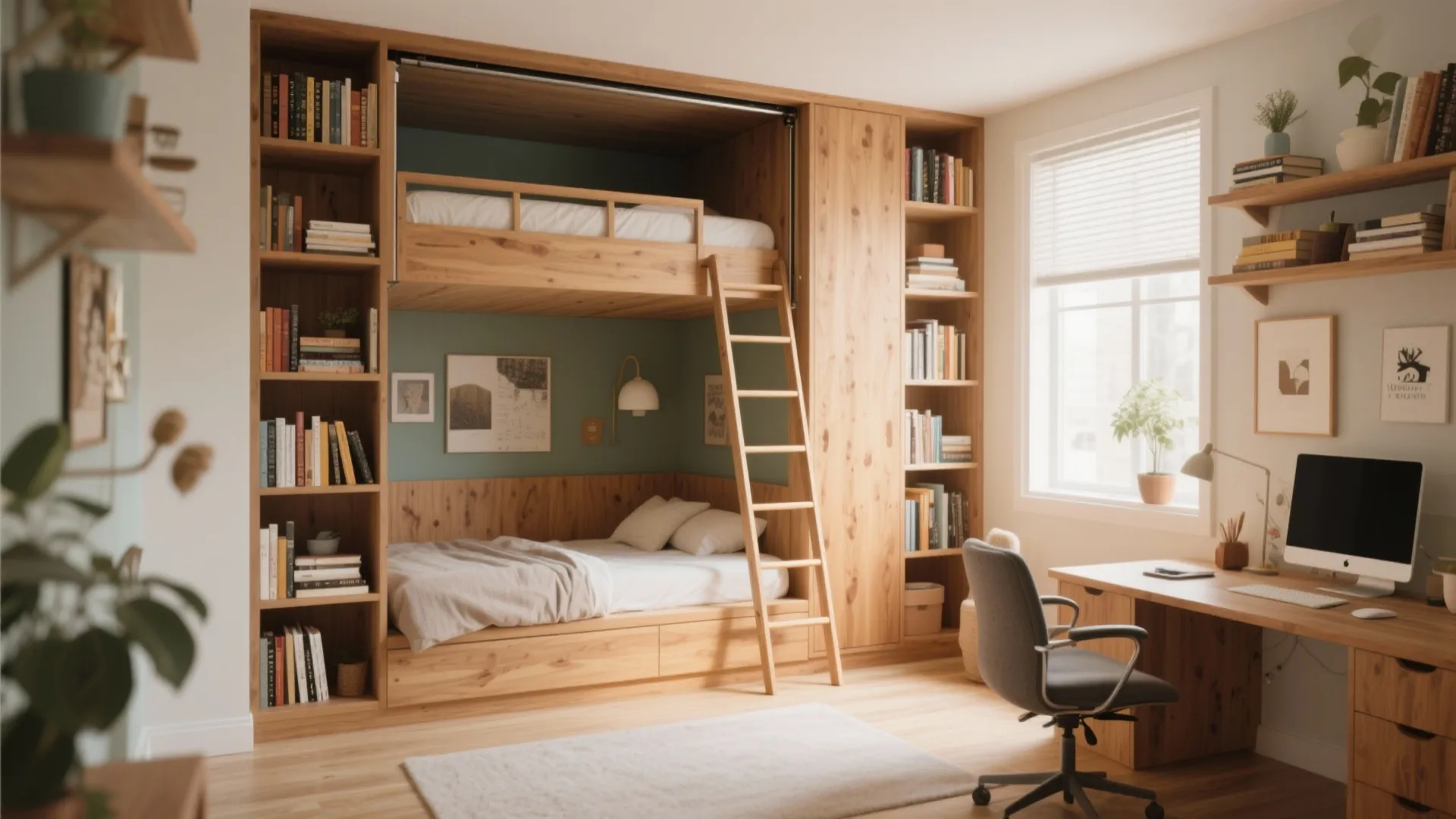 Murphy bed with bookshelf wall and library ladder