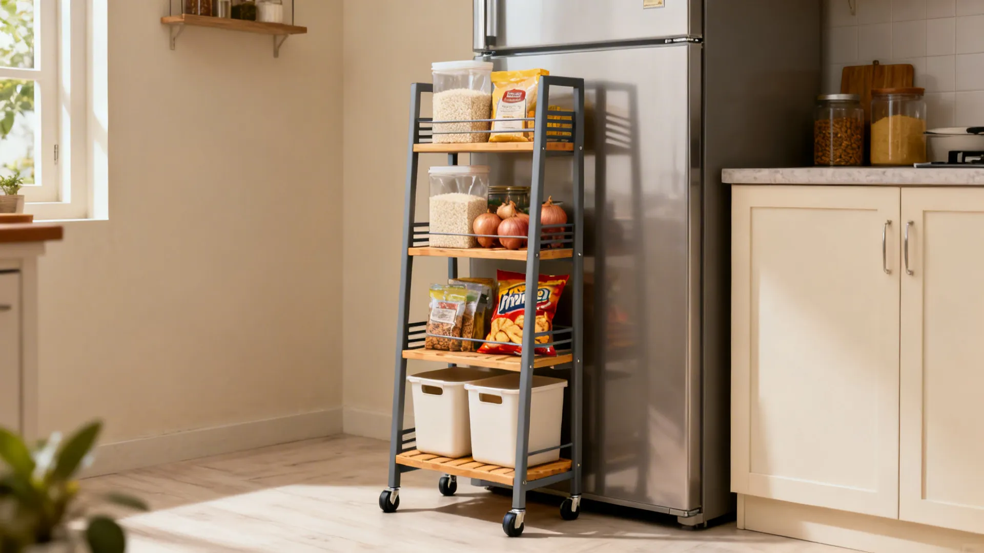 A tall gray rolling storage rack with wooden shelves holding snacks and jars near refrigerator