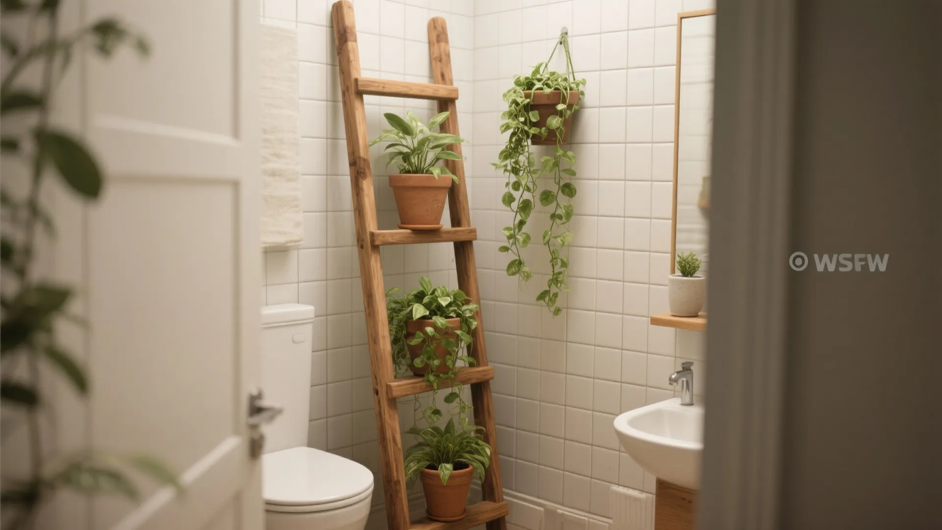 Wooden ladder shelf holding potted plants in a small bathroom with white tiles and toilet