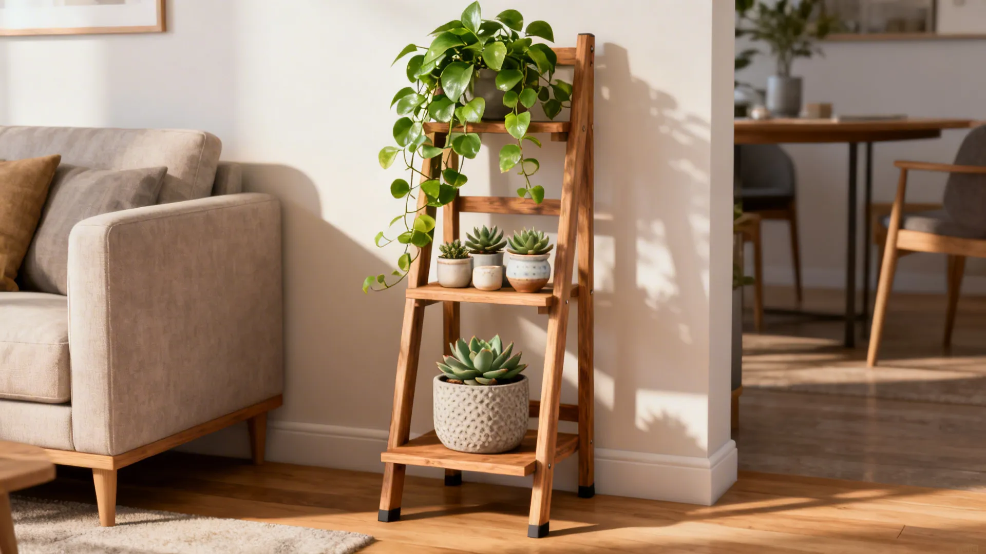 Narrow tiered ladder plant stand in a corner with pothos and succulents