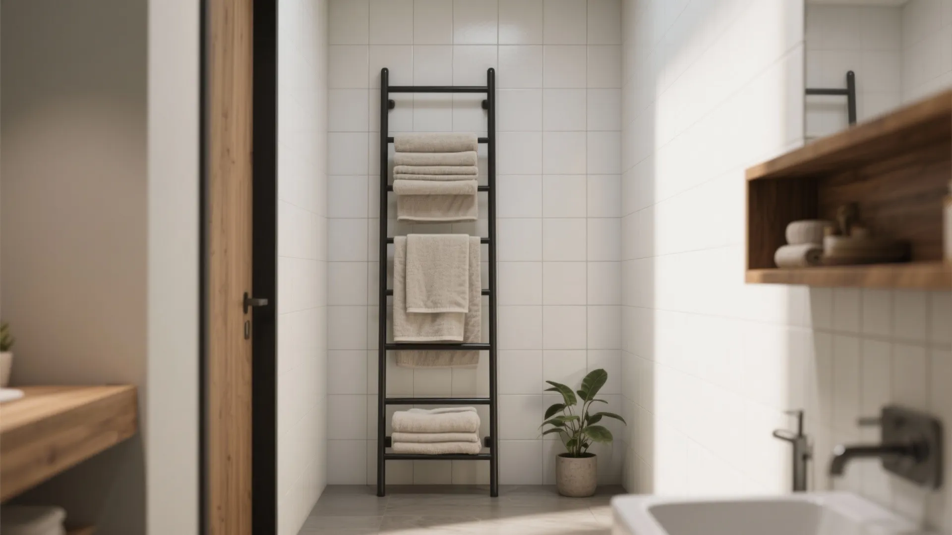 Slim ladder towel rack leaning in a narrow bathroom with layered textured towels for vertical storage.