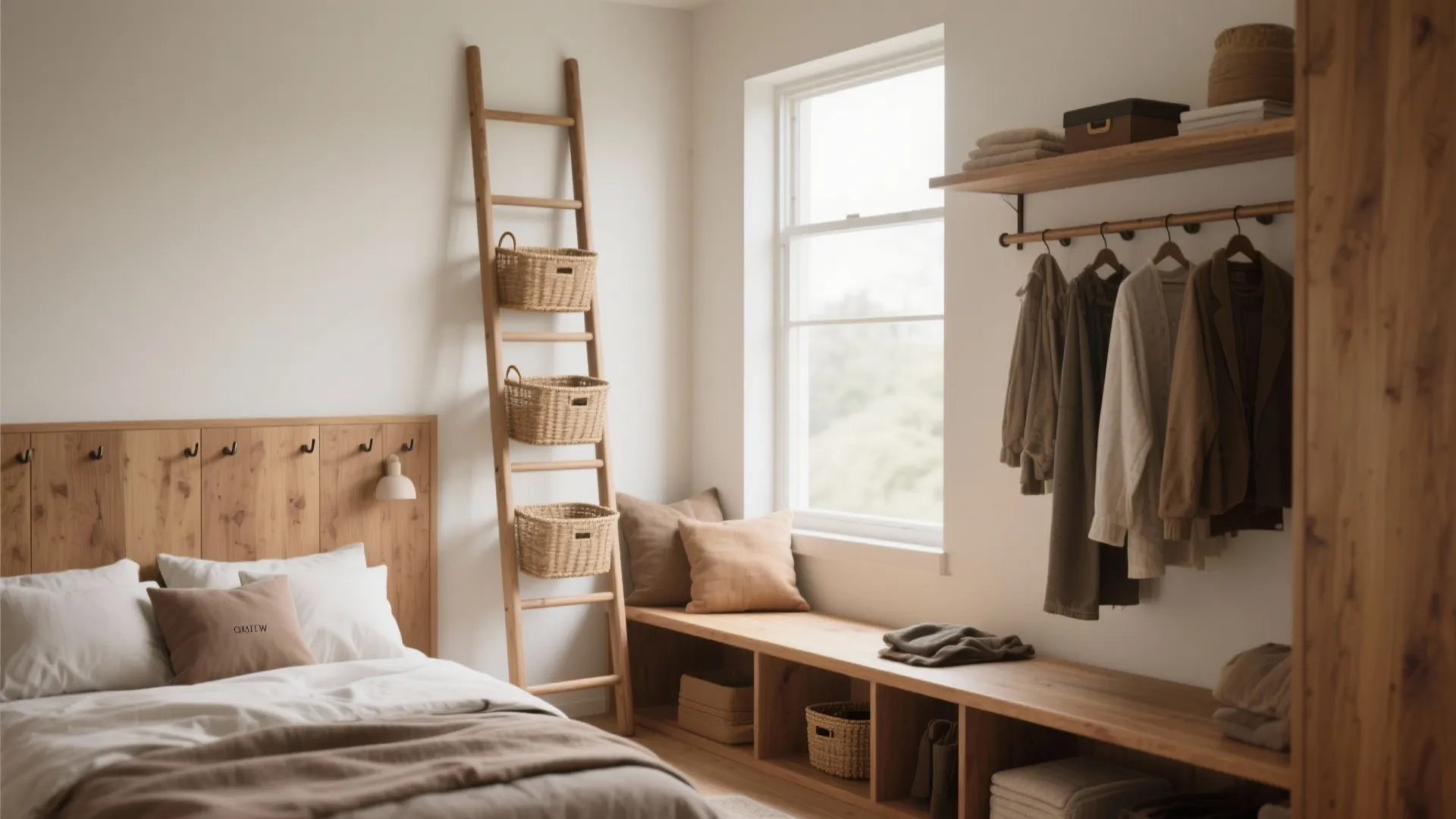 Modern bedroom featuring a wooden ladder with baskets, wall shelf, hanging clothes, and natural light