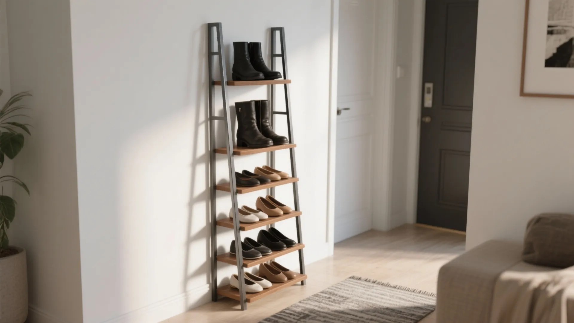Slim ladder-style shoe rack leaning against a hallway wall holding boots and flats in a tidy narrow entryway.