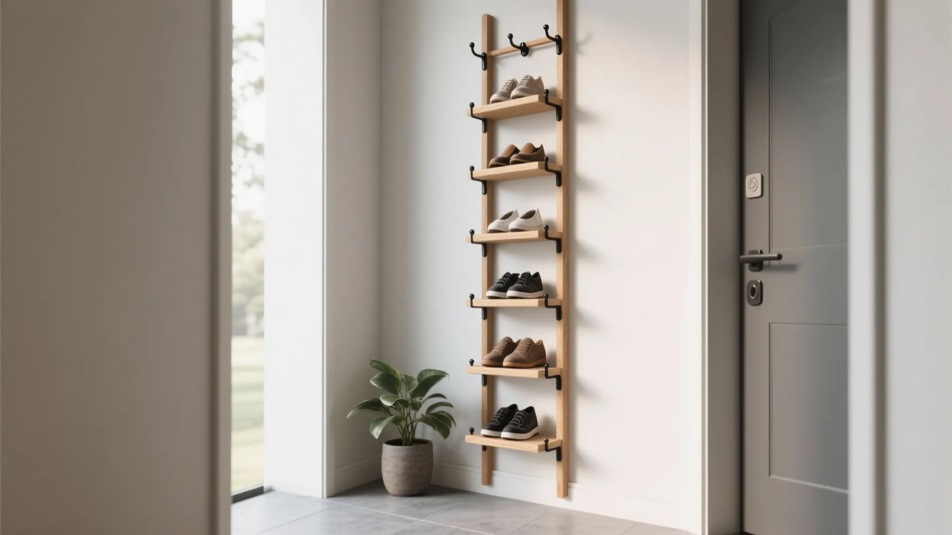 Wooden ladder shoe rack against white wall holding various shoes next to a grey door
