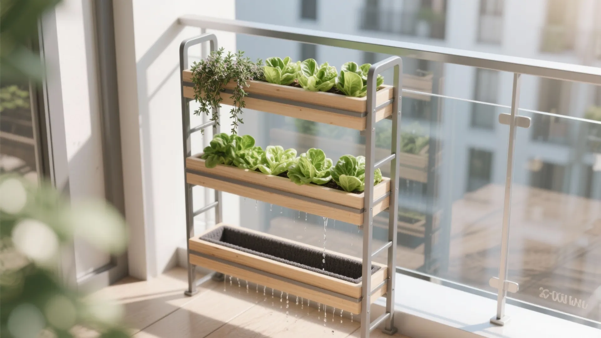 Tiered ladder rack with greens and a bottom catchment trough on a sunny balcony.
