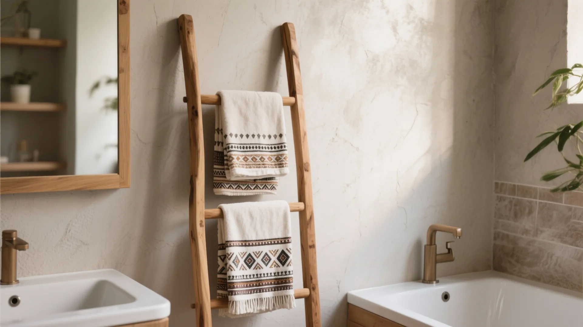 Wooden ladder towel rack leaning against wall with patterned towels between a sink and bathtub