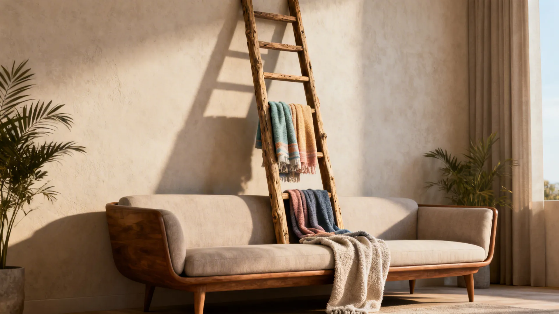 Reclaimed-wood ladder leaned above a sofa with layered throws draped over the rungs