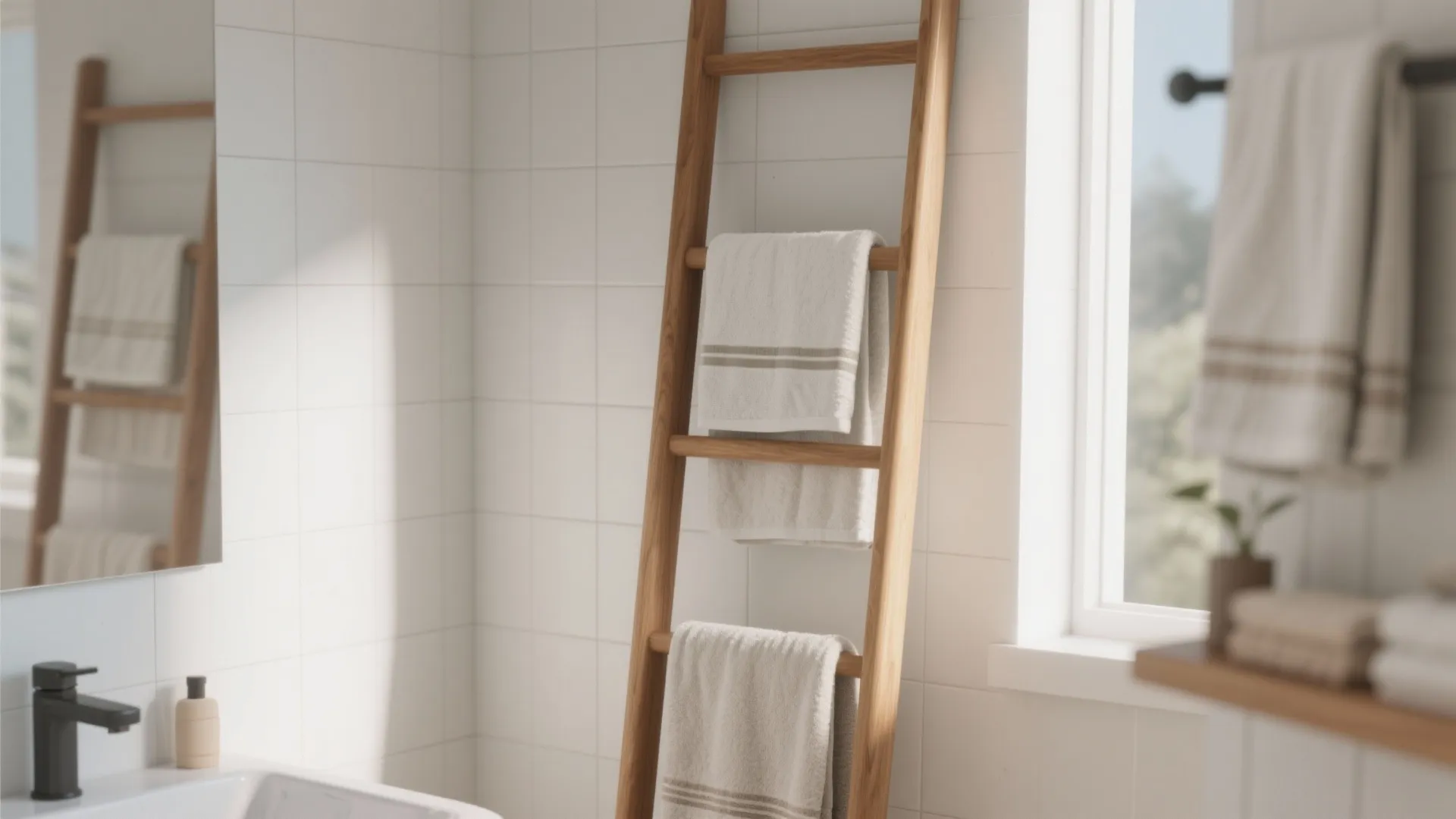Wooden towel ladder leaning against white tiled wall in bright bathroom with towels and window