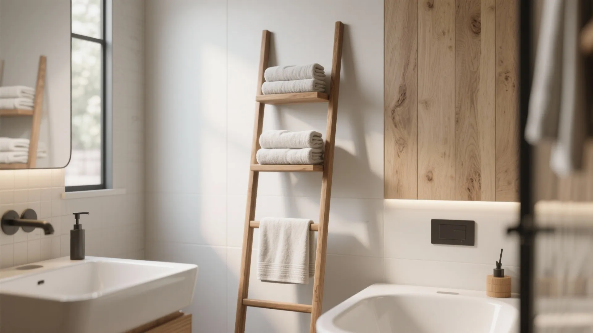 Modern bathroom featuring wooden ladder towel rack next to white sink with black metal faucet
