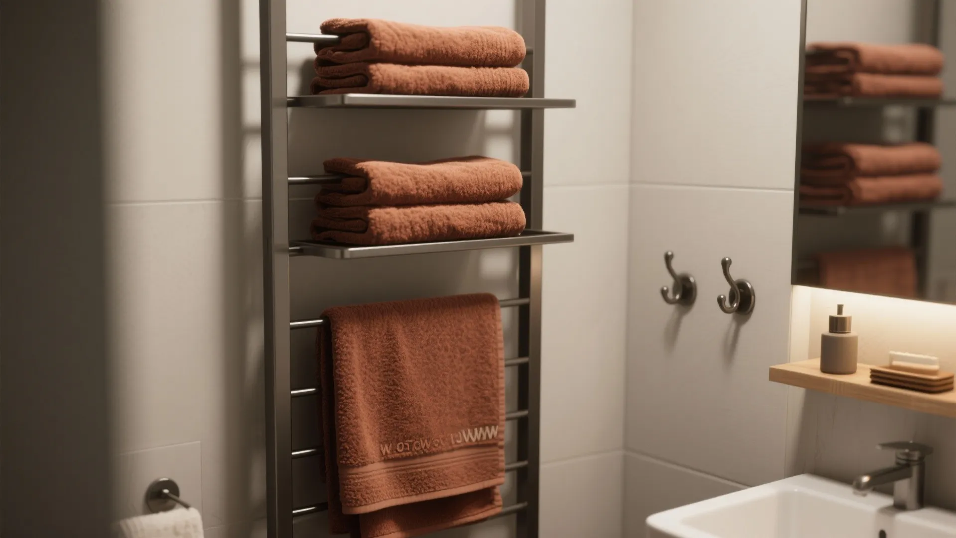 Bathroom wall featuring metal towel rack with folded rust towels silver hooks and white sink