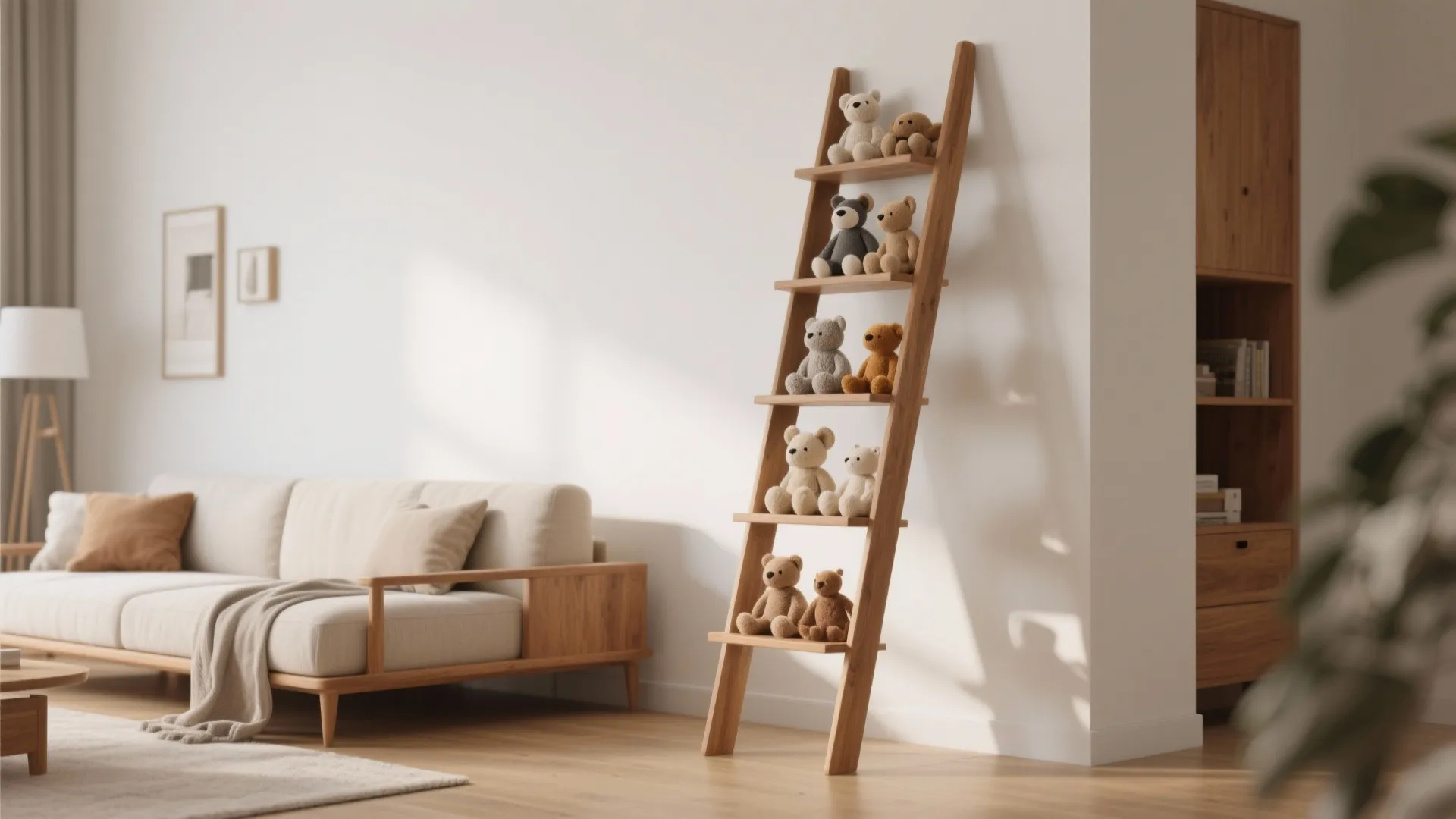 Leaning ladder display rack with plush toys in a modern living room