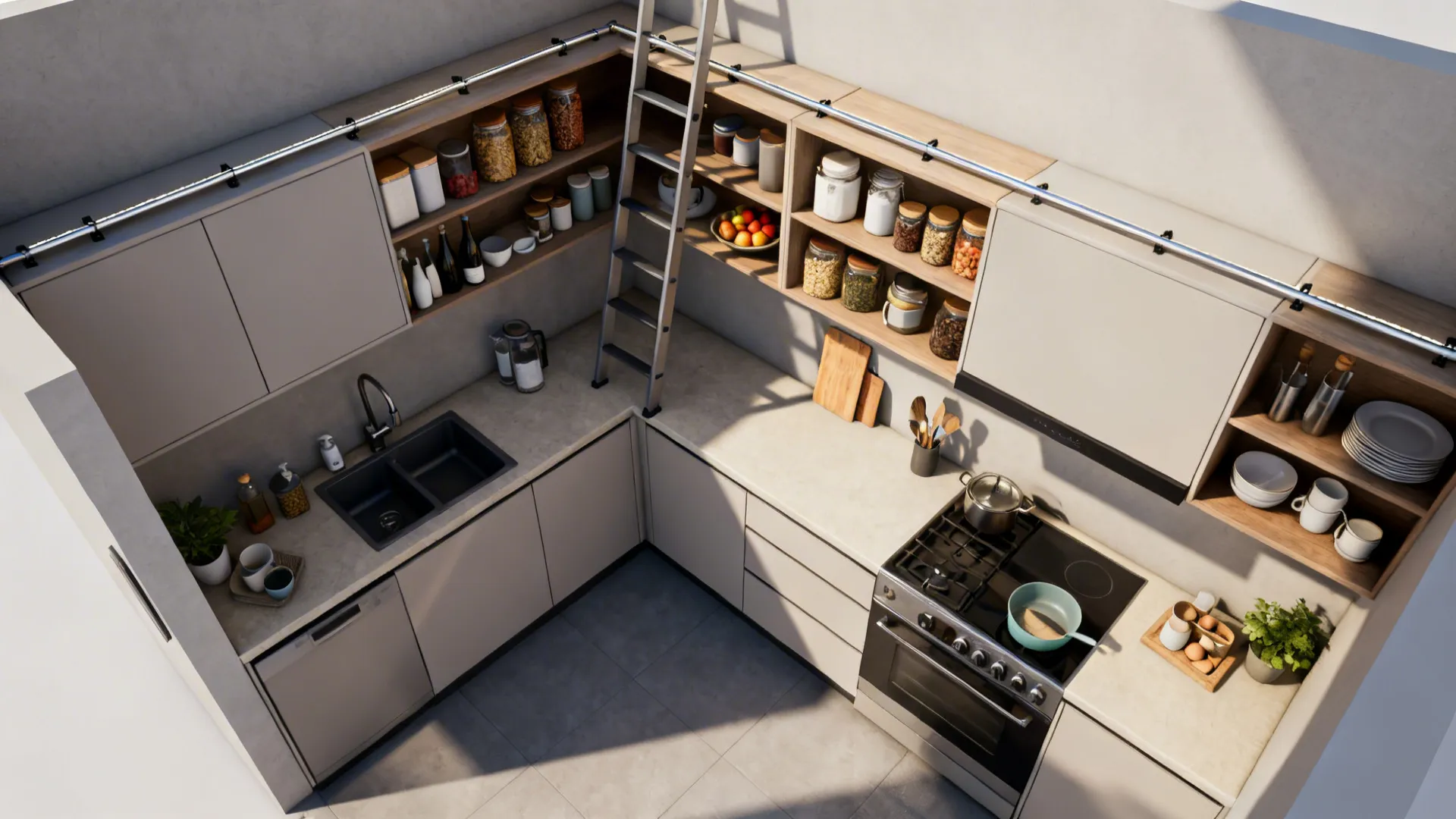 Top-down view of an L-shaped kitchen planning the ladder rail path and storage zones.