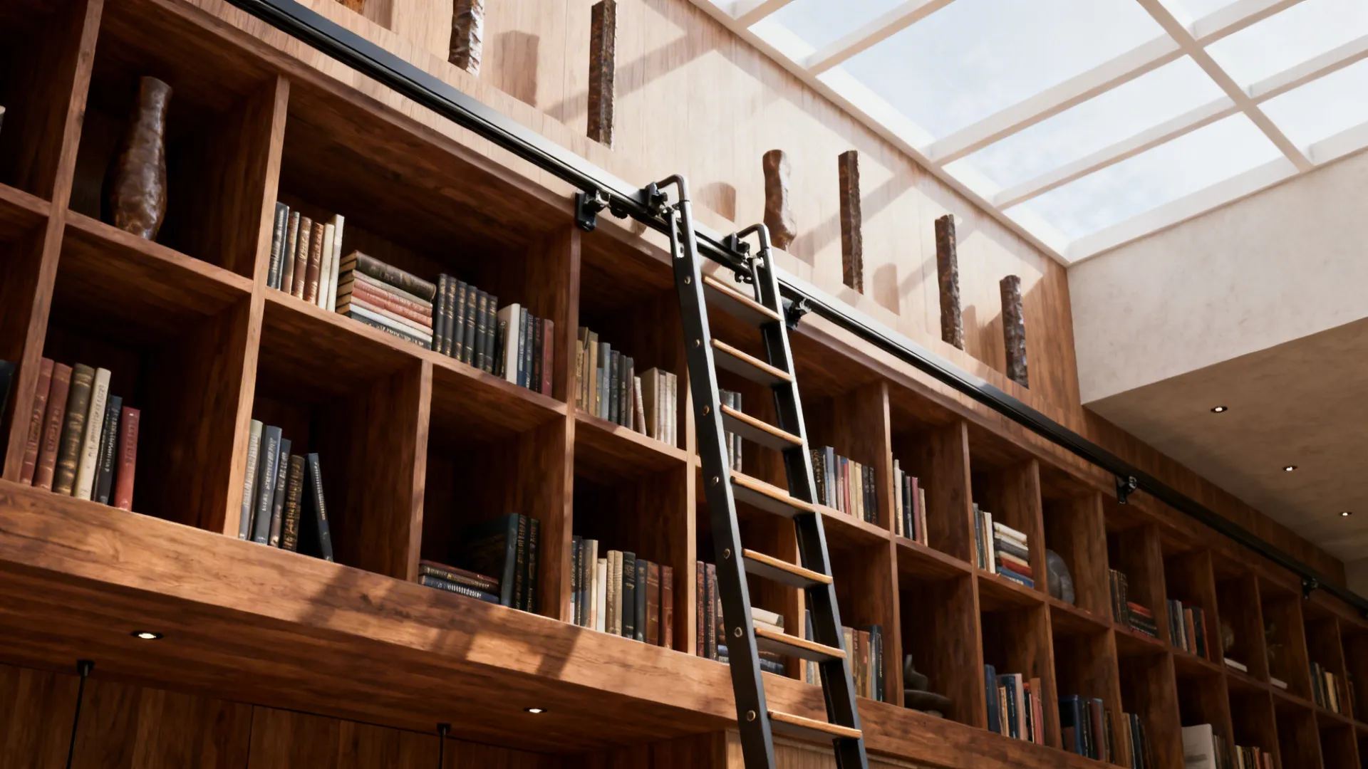 Tall shelving wall with a movable sliding ladder for full access to high storage