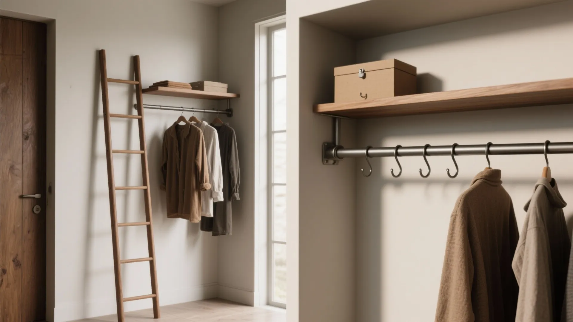 5. Ladder-style rack or retractable rod in a niche