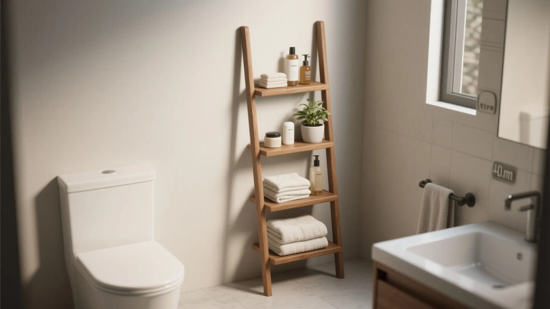 Modern bathroom featuring a wooden ladder shelf with towels soaps and a small green plant