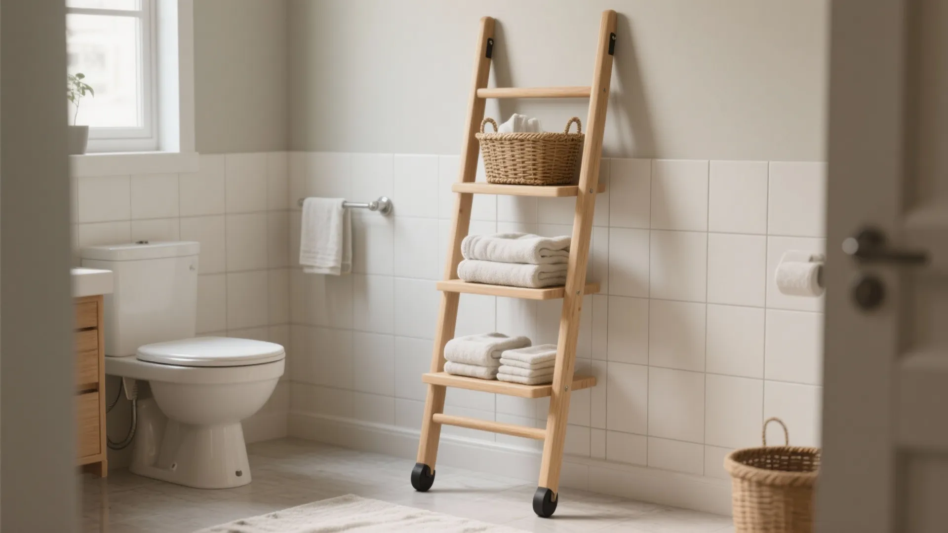 Wooden ladder shelf in a bright bathroom holding folded towels and a small woven basket