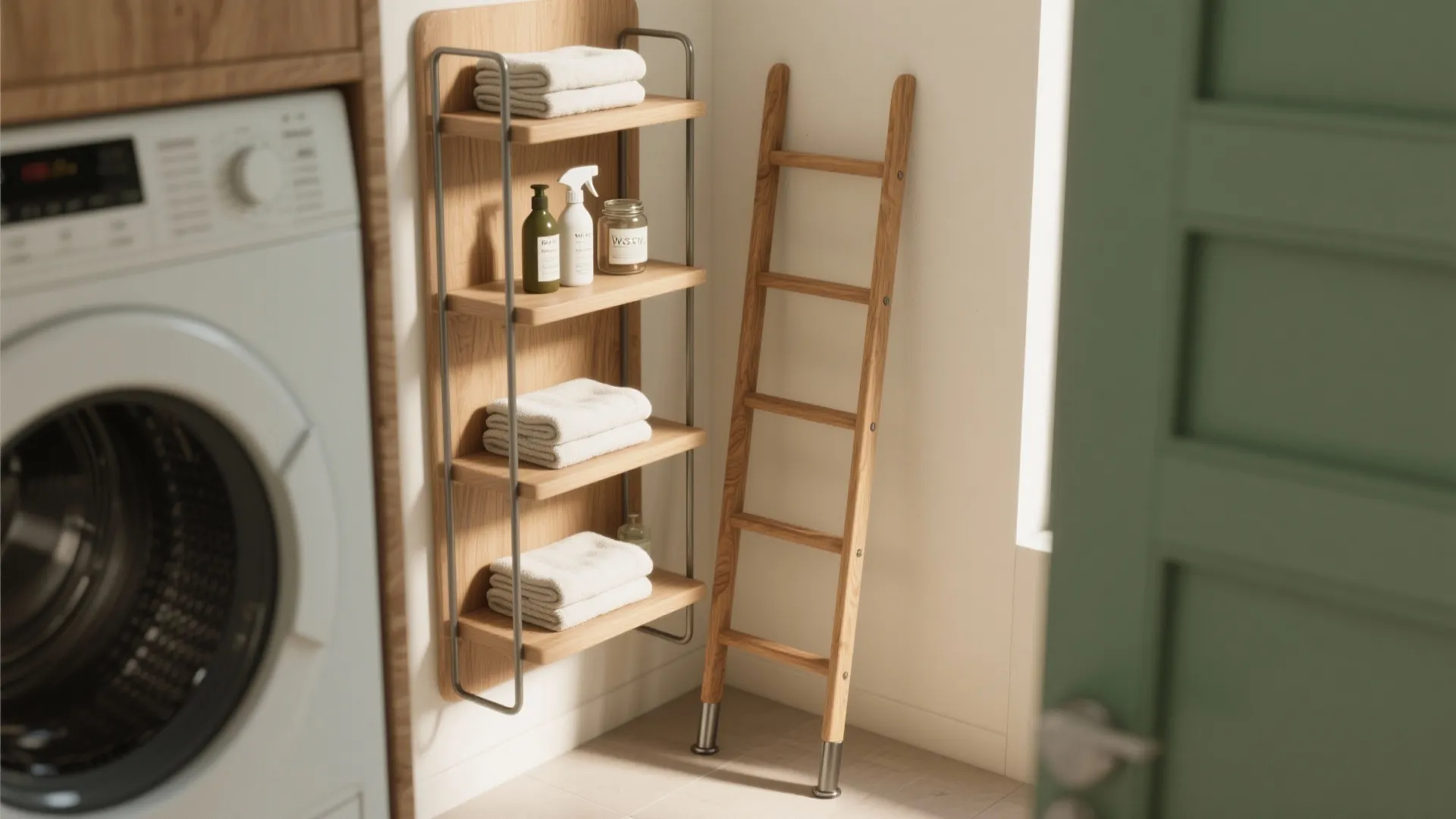2. Vertical ladder shelving that hugs the wall