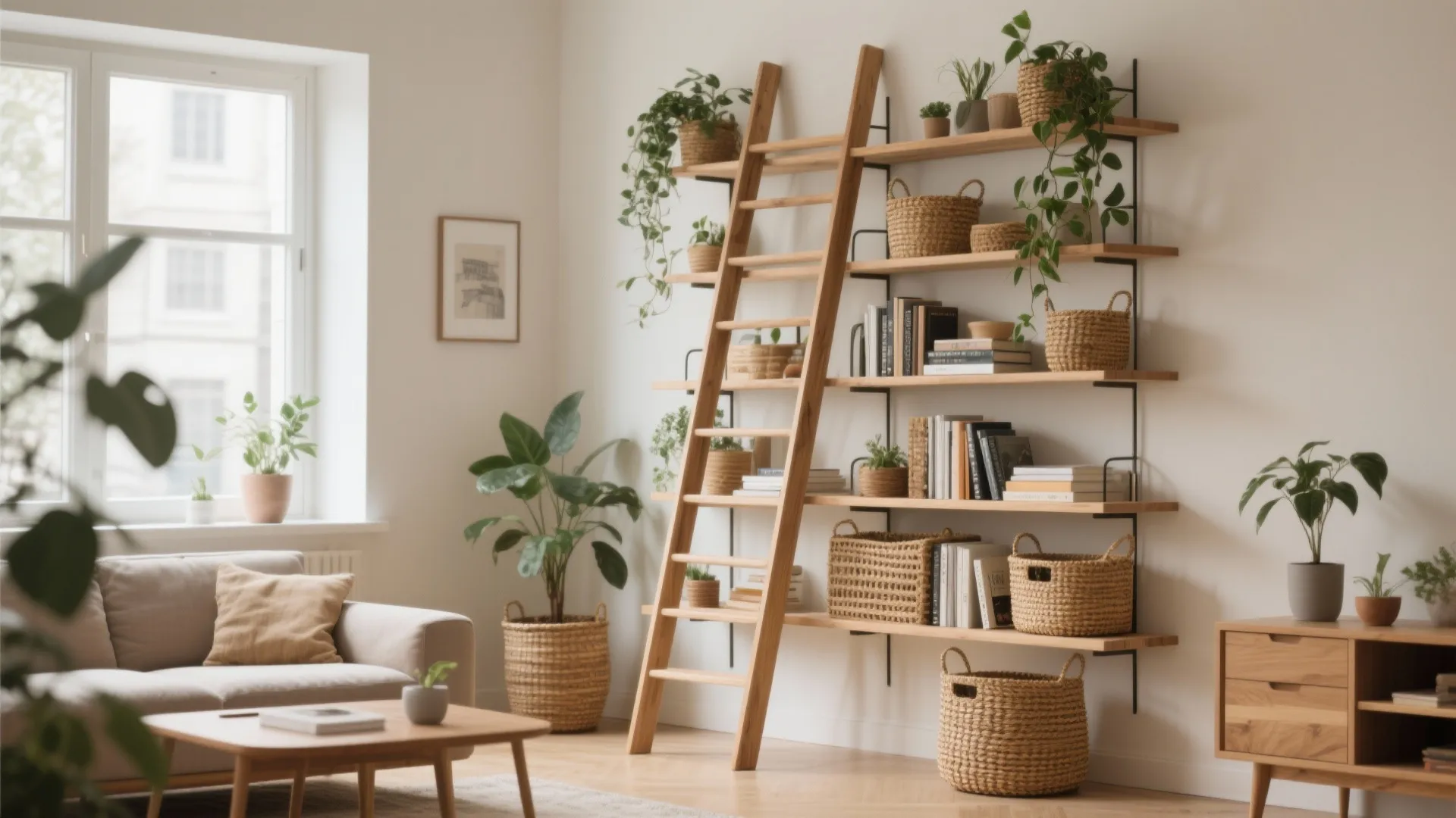 2. Floor-to-Ceiling Ladder Shelving