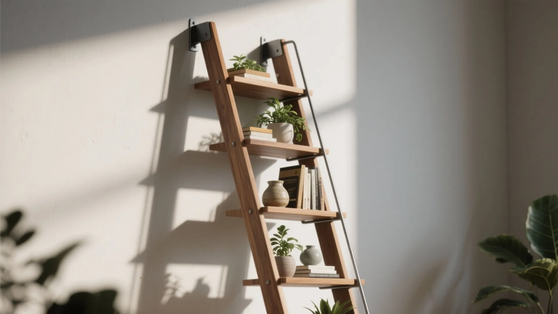 Leaning ladder-style shelving unit styled with plants and ceramics to emphasize vertical height.
