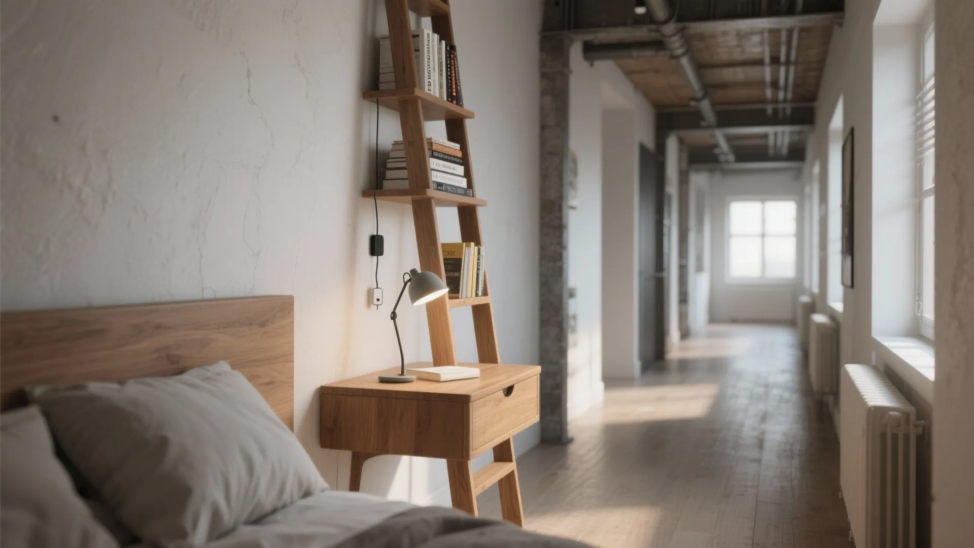 3. Narrow ladder shelf turned bedside table