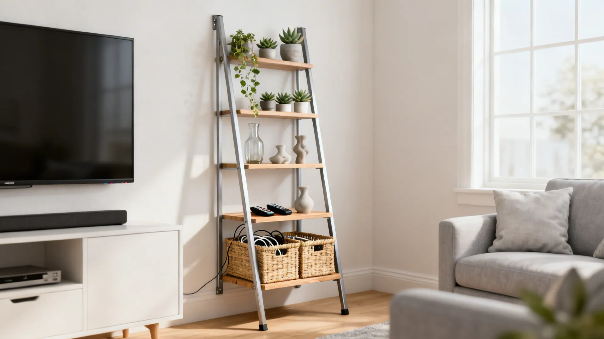 Leaning ladder shelf styled with baskets and decor used as an airy media storage solution.