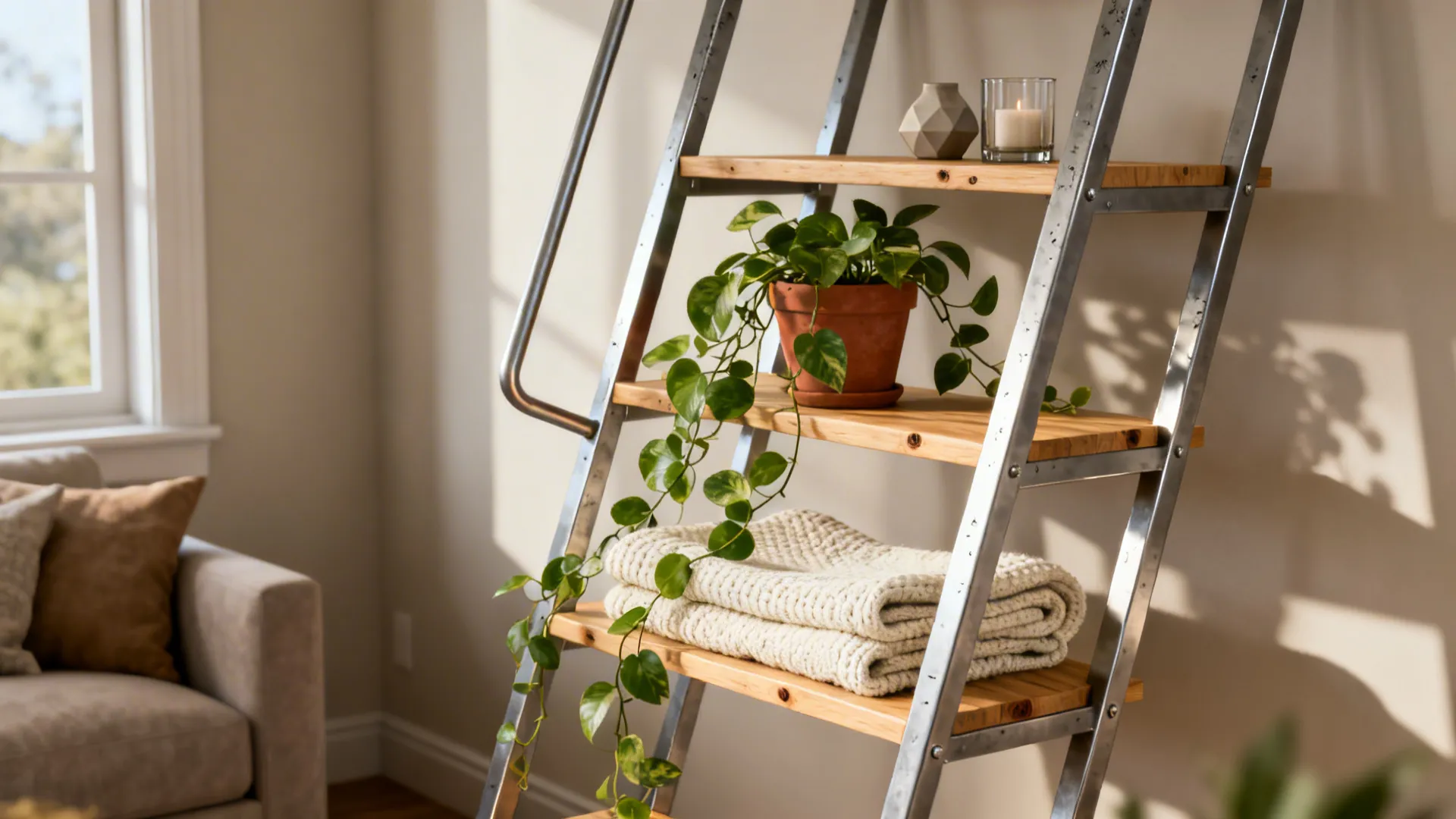 Angled ladder shelf leaning into a corner with decor and plants