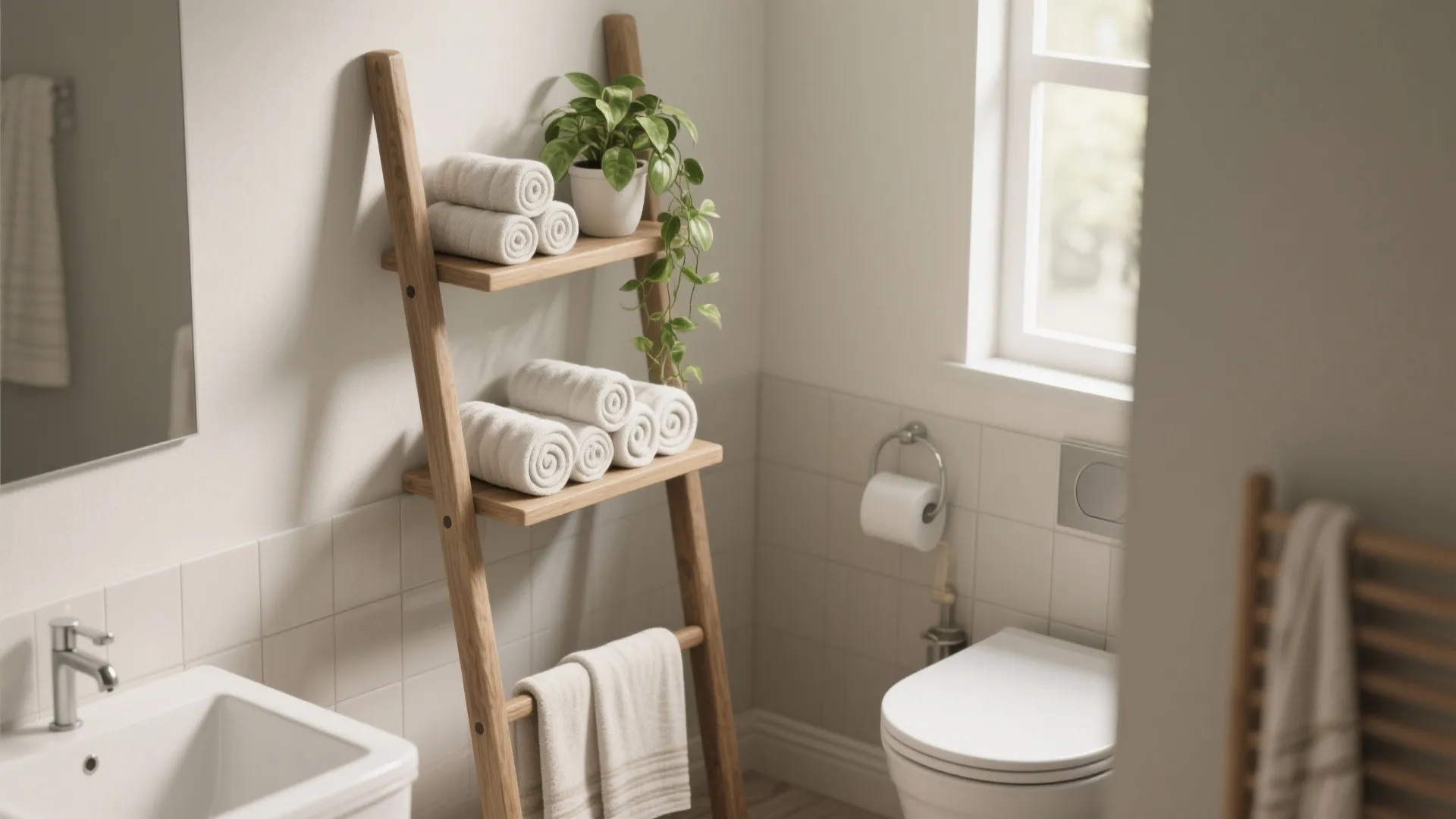 Wooden ladder shelf in a bathroom holding rolled white towels and a small green plant