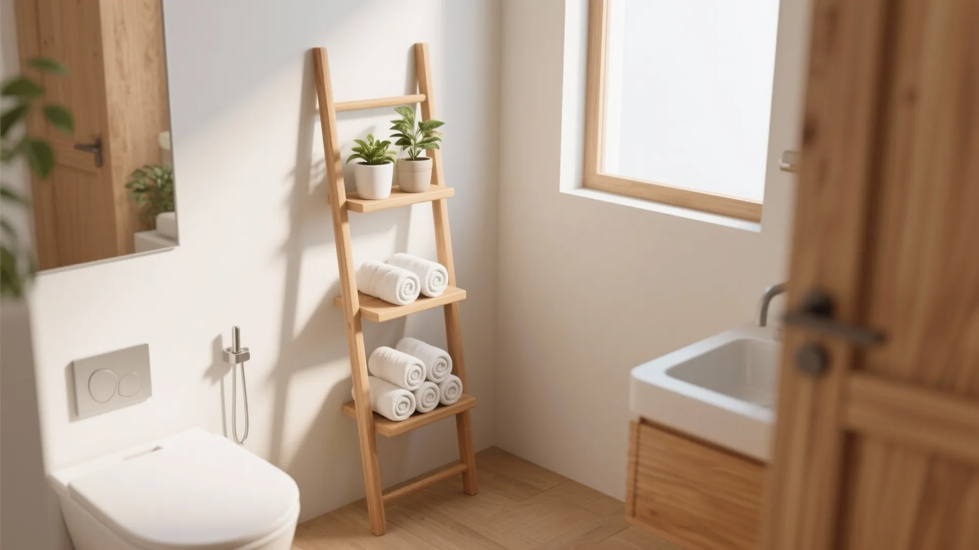 Wooden ladder shelf holding rolled white towels and green plants in a bright modern bathroom