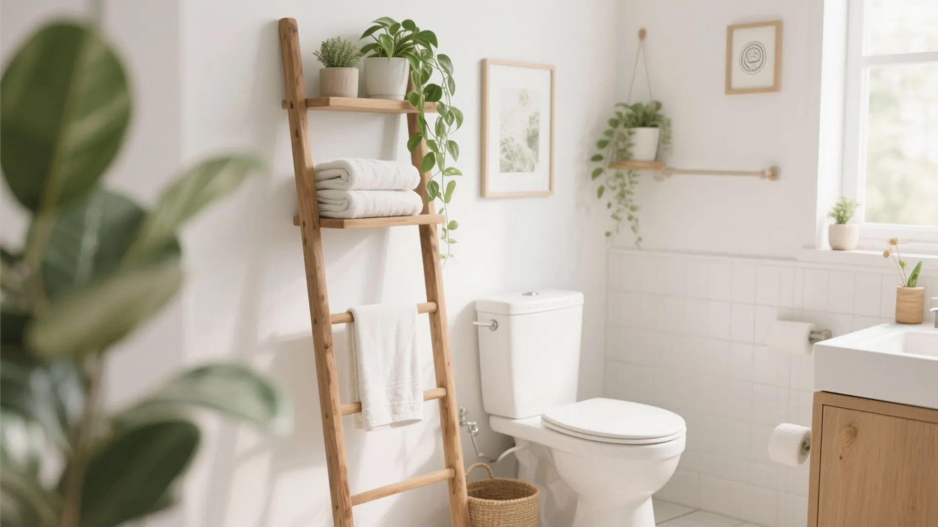 Bright white bathroom featuring a wooden ladder shelf with towels plus green plants and toilet