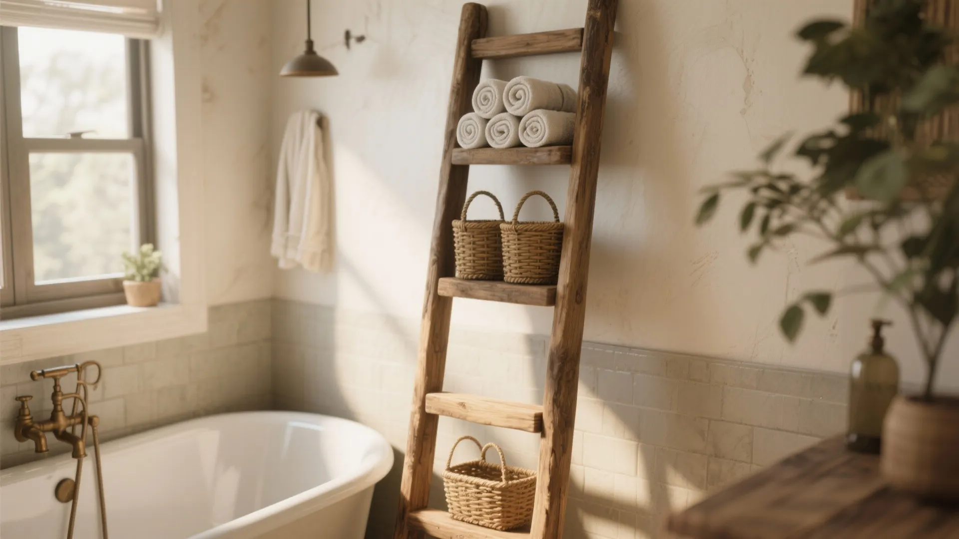 Rustic ladder shelf leaning beside a bathtub
