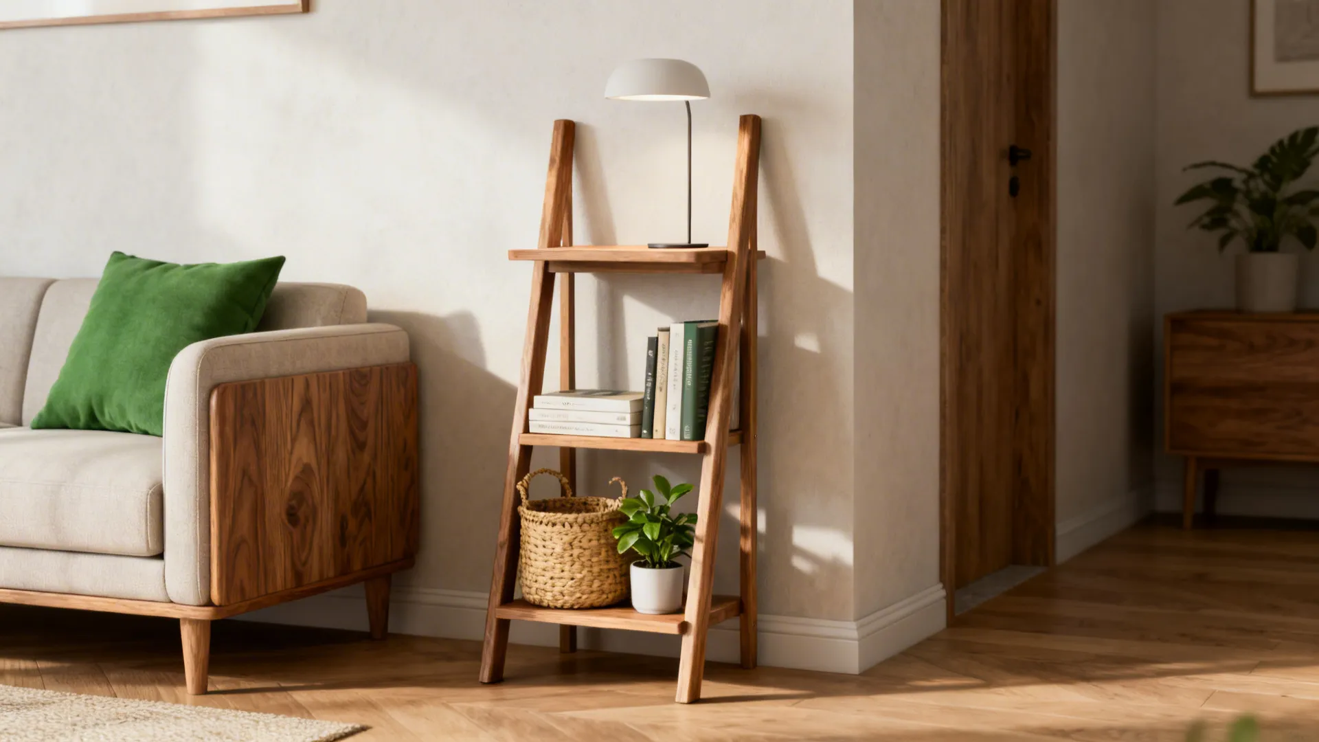Slim ladder shelf end table leaning on a wall with open shelves holding books and a basket beside a sofa.