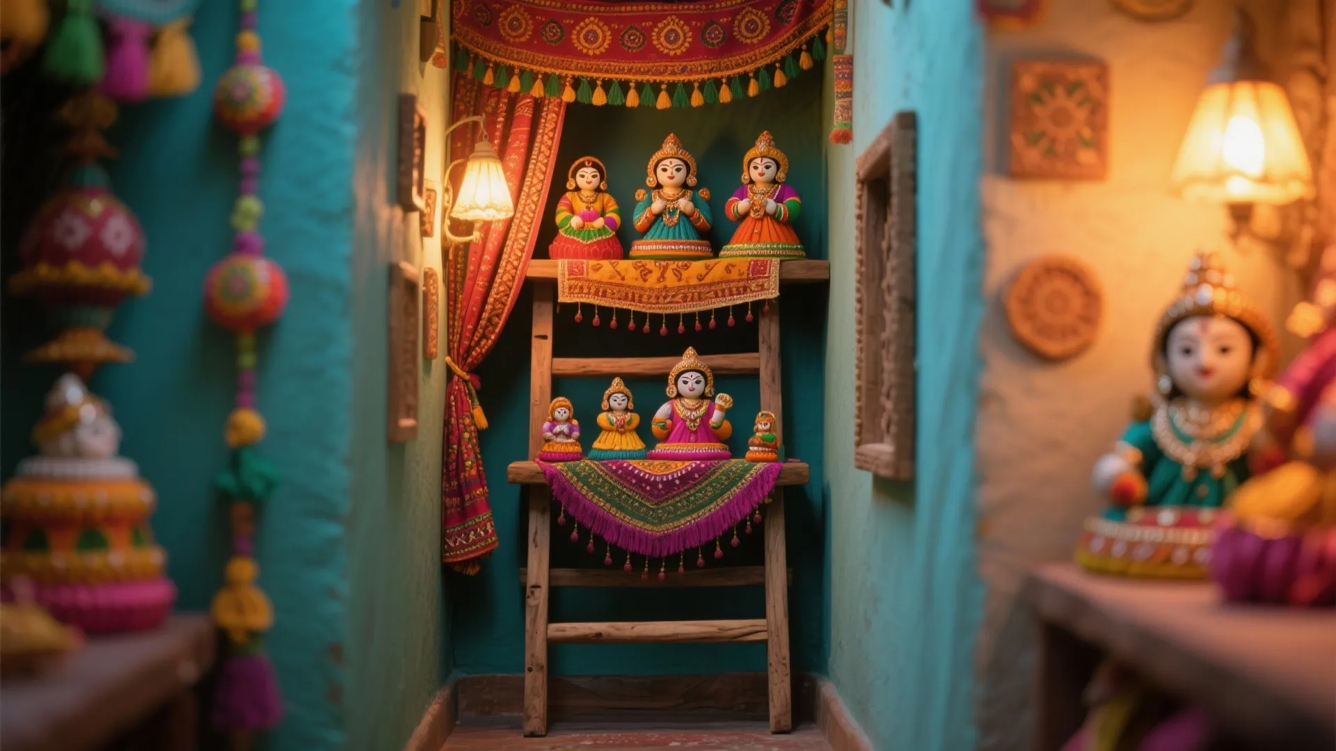 Small wooden ladder shelf holding colorful traditional dolls with decorative fabric and warm wall lights