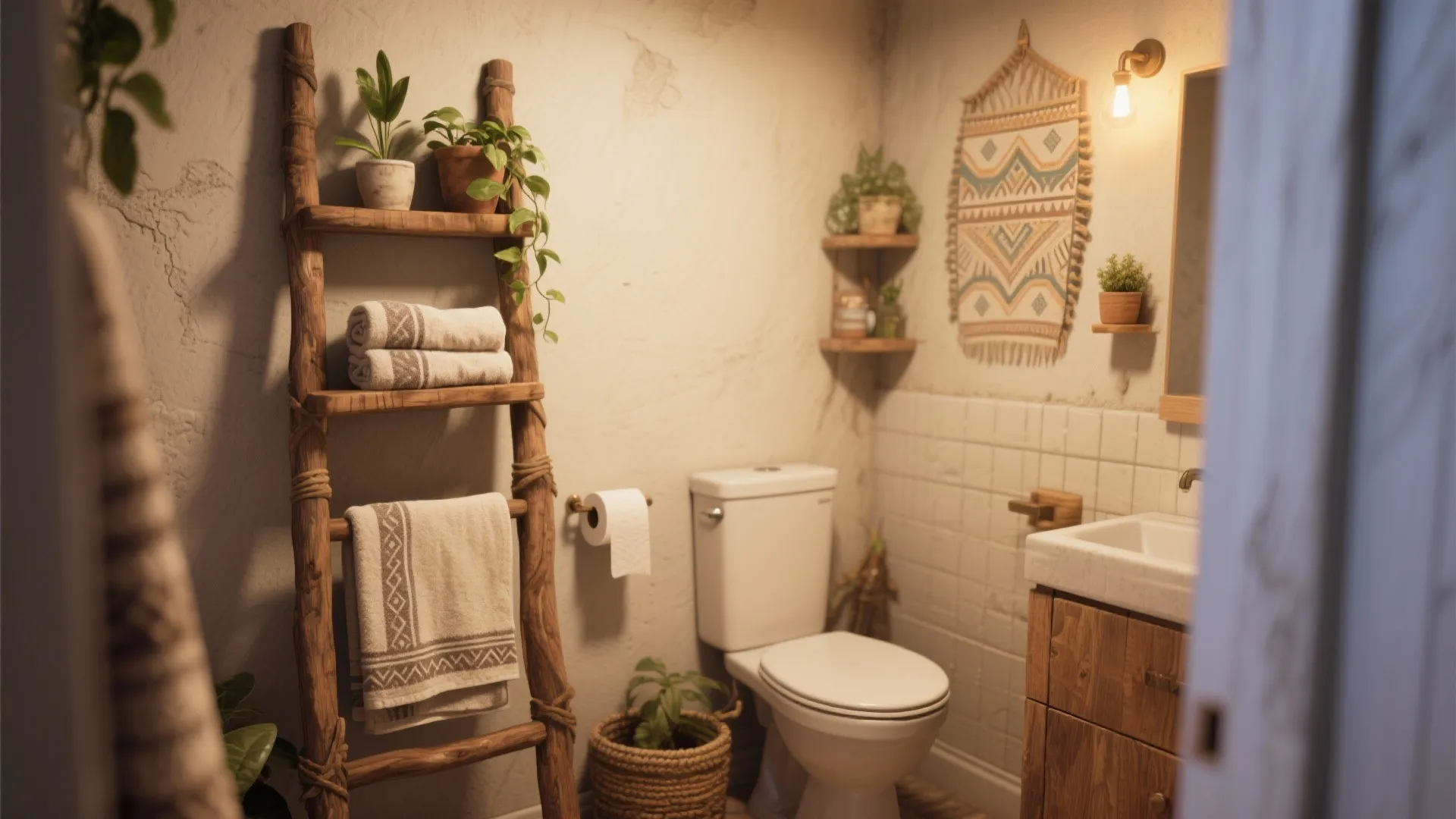 Rustic wooden ladder towel rack in bathroom with plants wall light toilet and cabinet sink