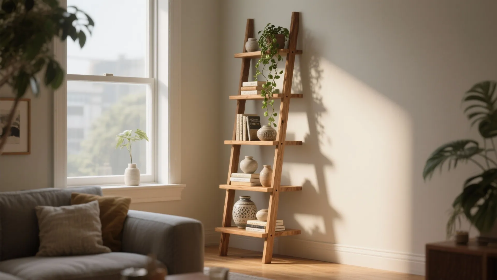 4. Ladder shelves leaned against the wall for flexible styling