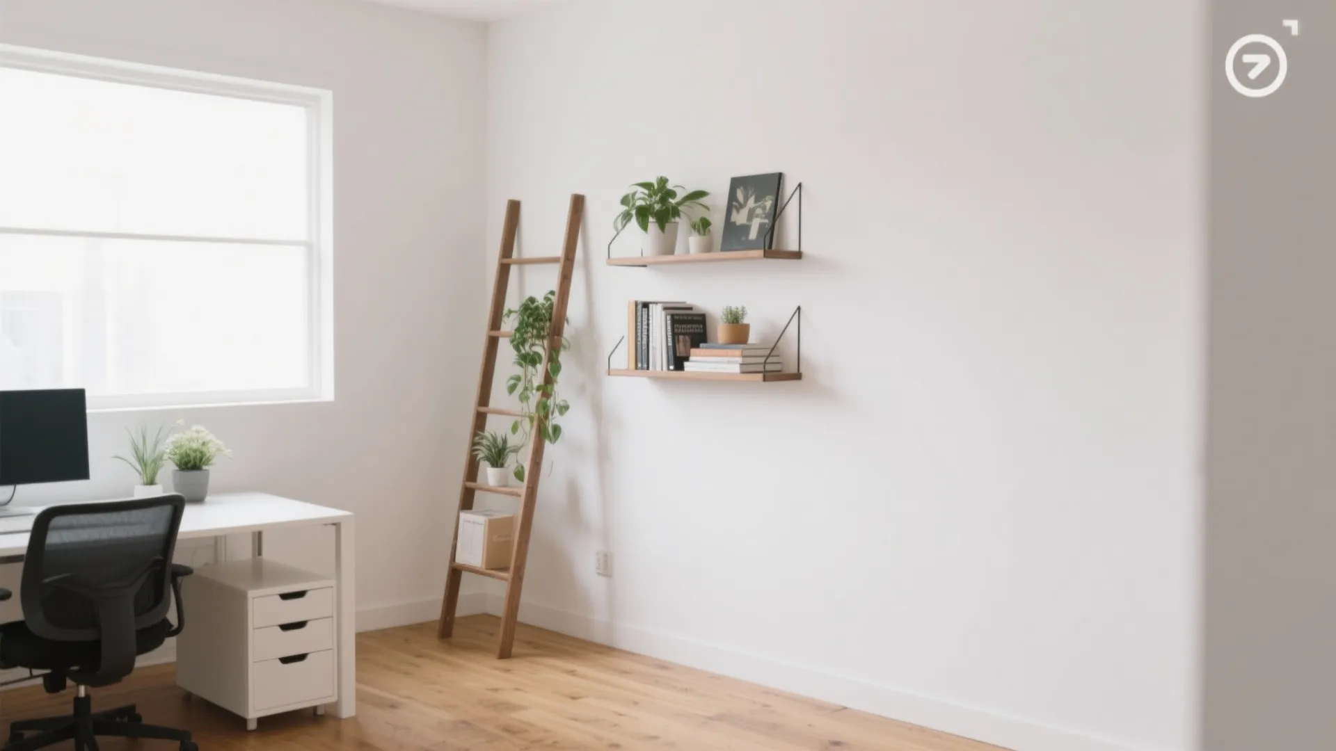 Leaning ladder shelves with decor in a bright office