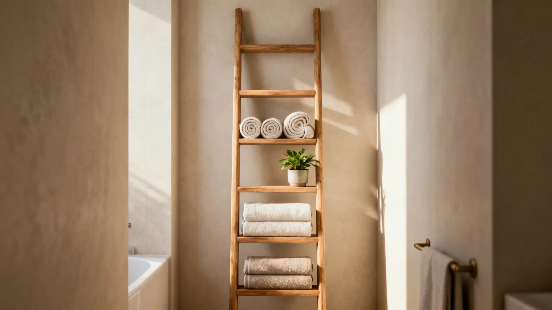 Leaning wooden ladder shelf with rolled towels and a potted plant in a narrow bathroom.