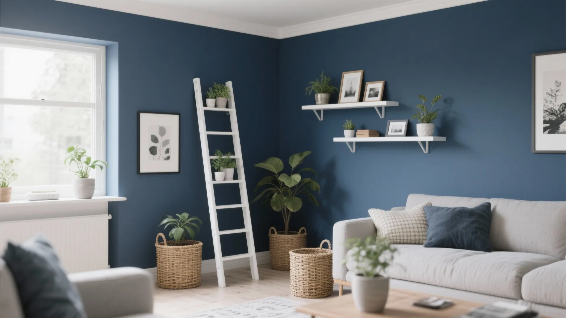 White ladder shelf against a navy wall with plants and frames