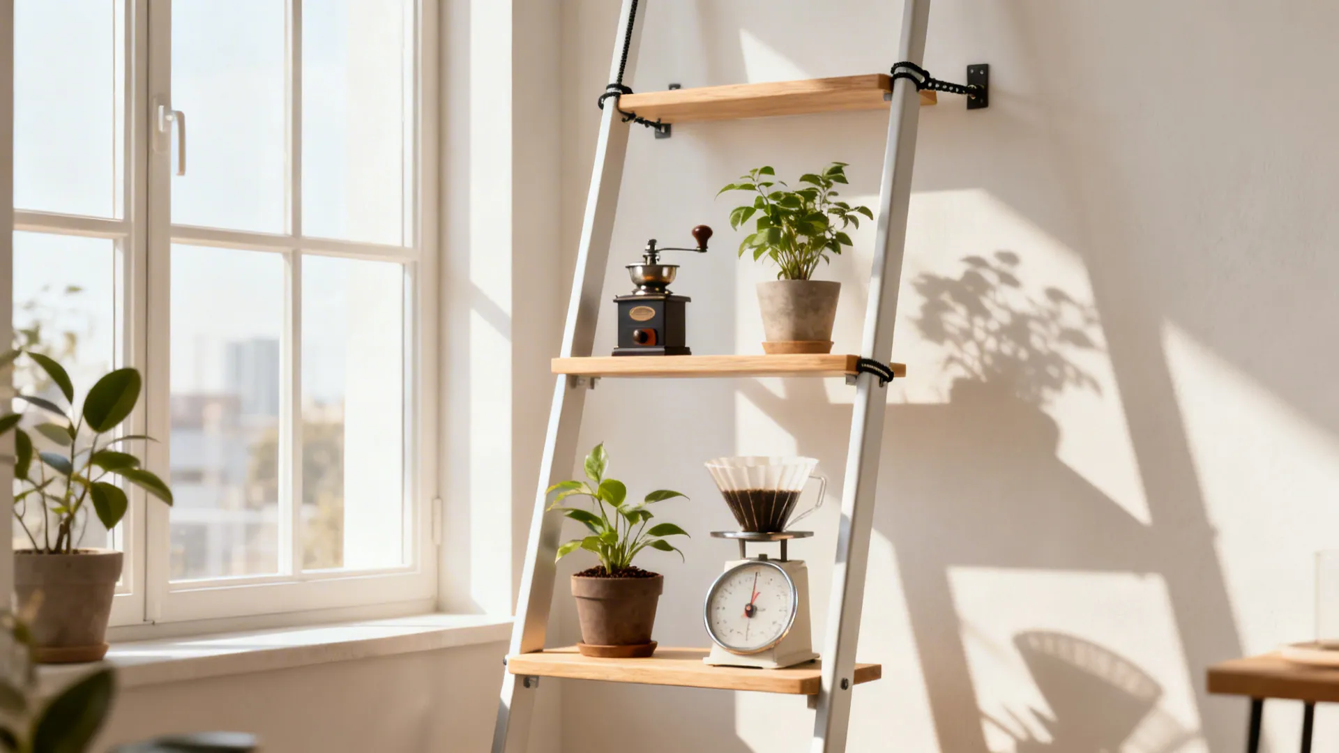 Slim ladder shelf by a window styled as an airy coffee vignette with plants and a small grinder.