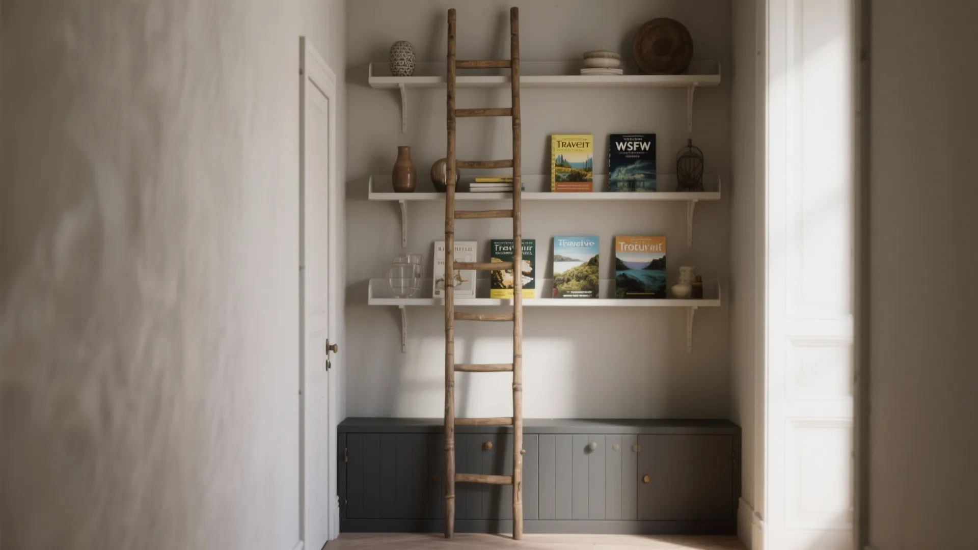 Wooden ladder leaning against white wall shelves with books and small decorative items in room
