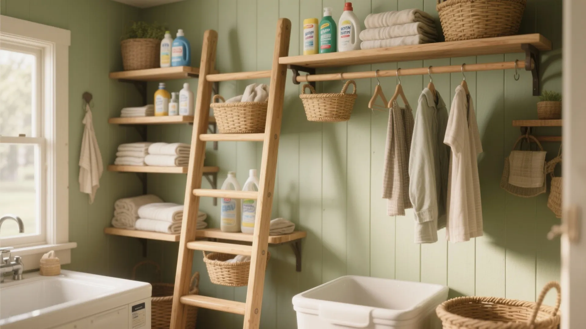 Light green laundry room with wooden ladder shelves, towels in baskets, and a large sink